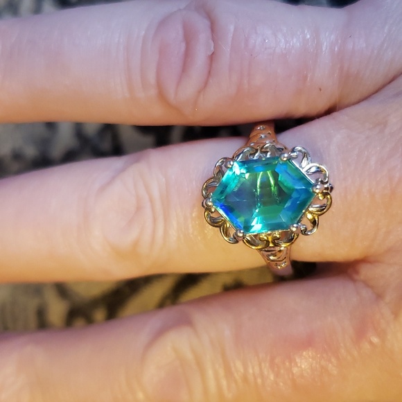 Peacock Quartz Hexagon Ring in Vermeil YG and Platinum Over Sterling Silver - Picture 7 of 11